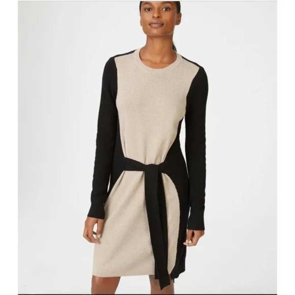 Club Monaco Black‎ Tan Knit Belted Sweater Dress XS TP Merino Alpaca Wool Blend